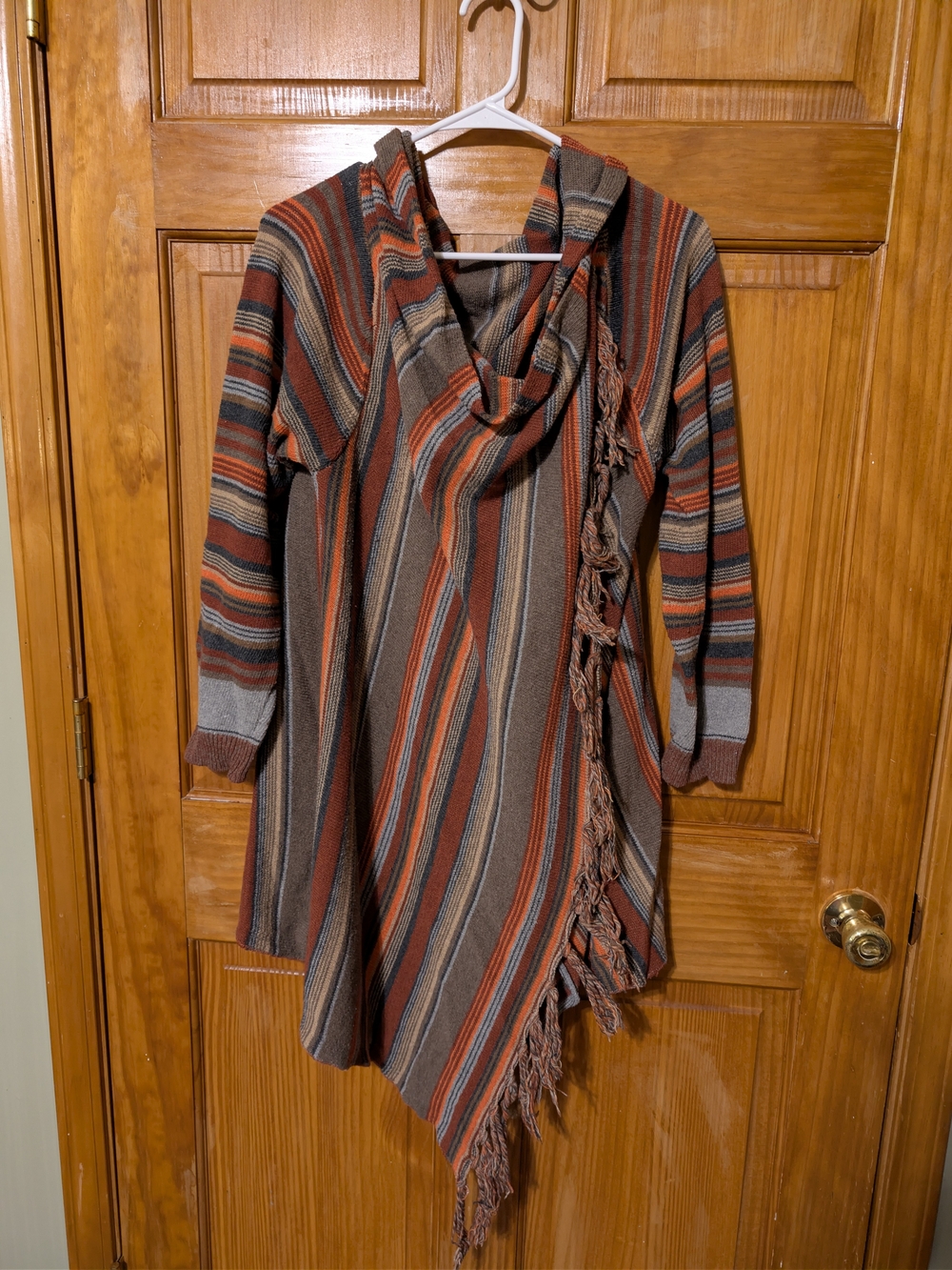 Striped Hooded Fringe Sweater - Rust, Brown & Gray